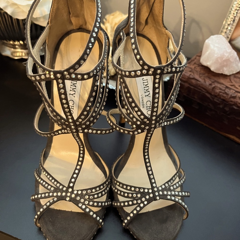 Jimmy Choo black velvet heels with crystals